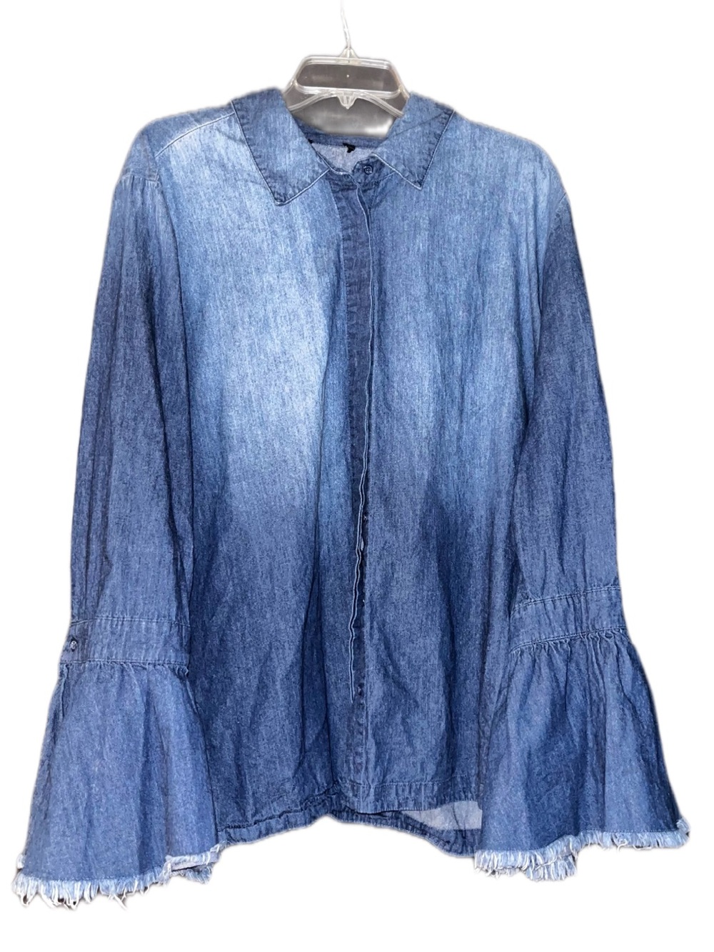 Denim 100% Cotton Frayed Cuff Bell Sleeve Bohemian Cottagecore Tunic Blouse 2XL